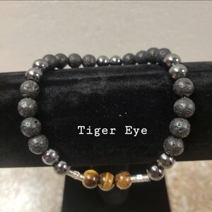 Men's Silver, Black Lava, Hematite, and Tiger Eye Stretch Bracelet